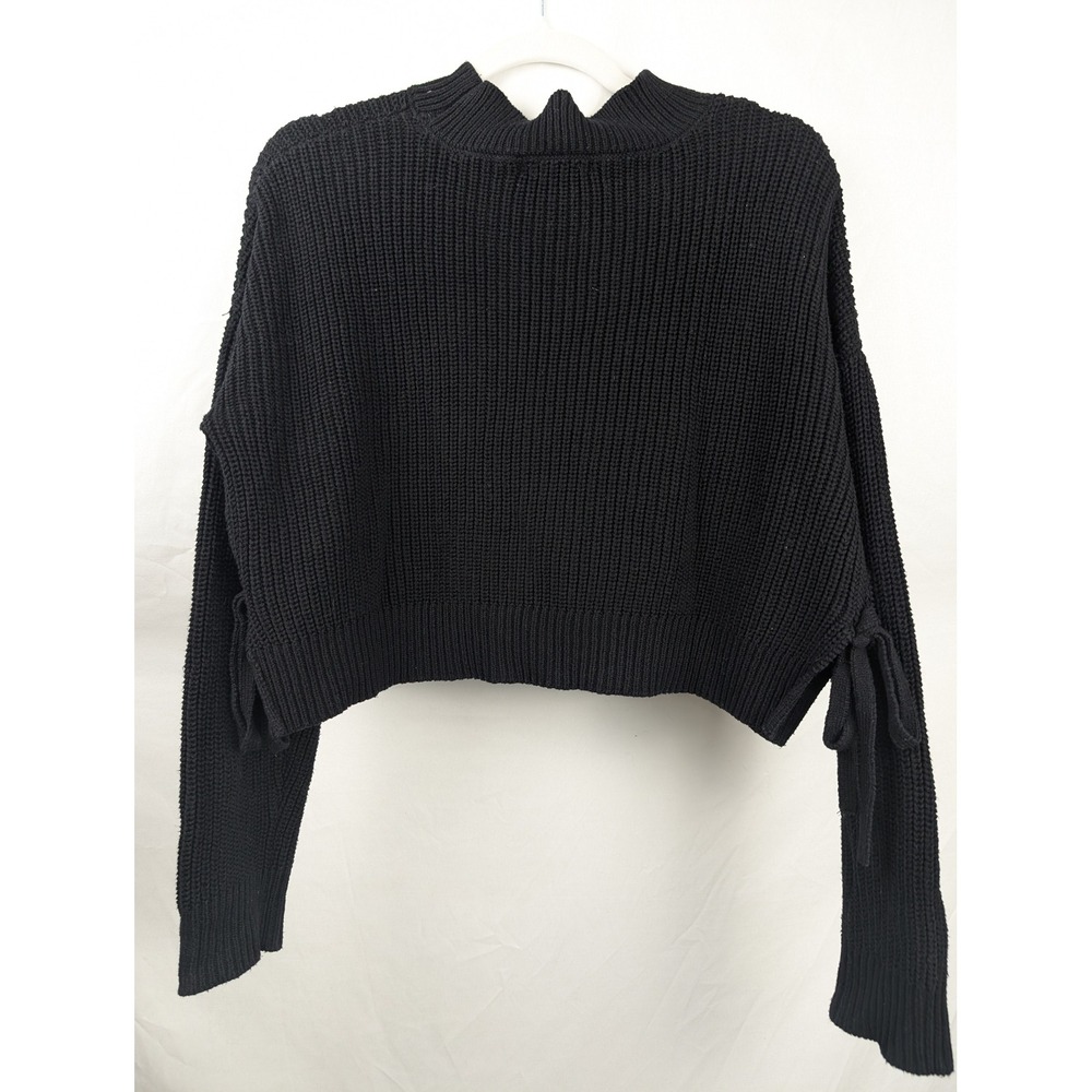 Y2K Whimsigoth Shaker Knit Boxy Crop Sweater Size L Black Grunge Baddie Side Tie - Picture 2 of 8